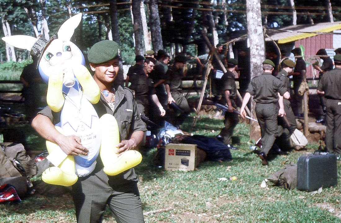 Pte Kupe with his best friend - the rabbit appears to have been taken to Vung Tau and may have been taken back to Singapore [Stock]