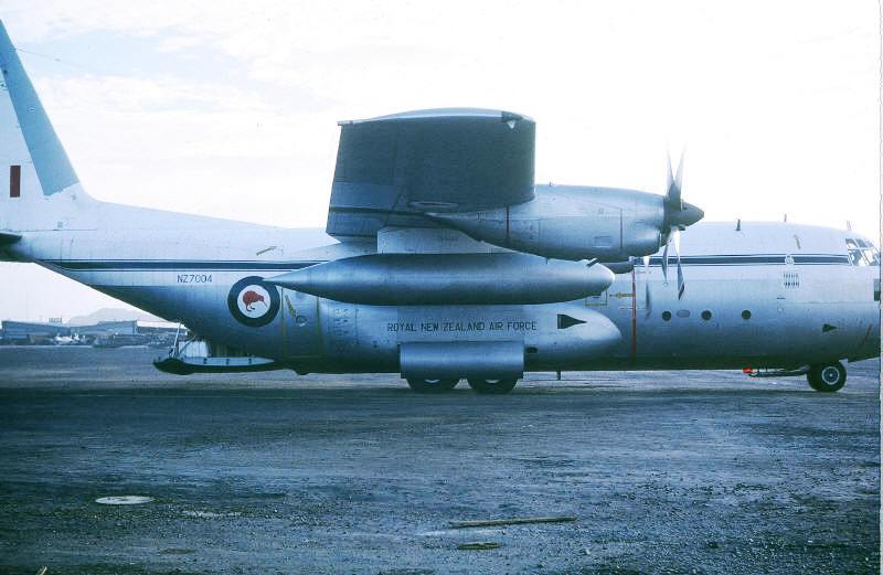 10 November 1970 Vung Tau airfield - RNZAF 'freedom bird' on the apron with personal freight on the ramp  [Stock]