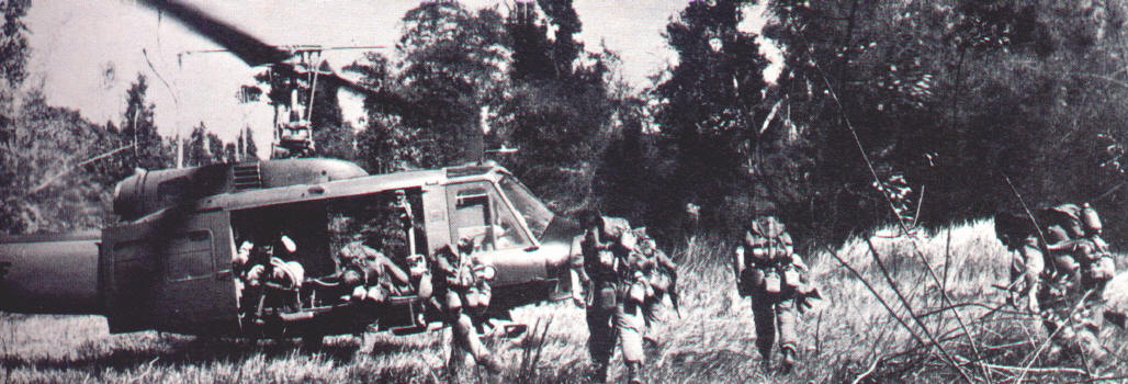 [6RAR/NZ ANZAC history] extraction end of Op Napier - Jan 1970  [helicopter flown by 9 Sqn RAAF. In five and a half years in Vietnam 9 Sqn UH-1 helicopters flew 237,000 sorties, carried over 414,000 passengers, 4,000 casevacs and 12,000 tonnes of freight. The Sqn suffered 7 aircraft destroyed or written off and 37 damaged, 23 by ground fire. 4 members of the unit were killed]